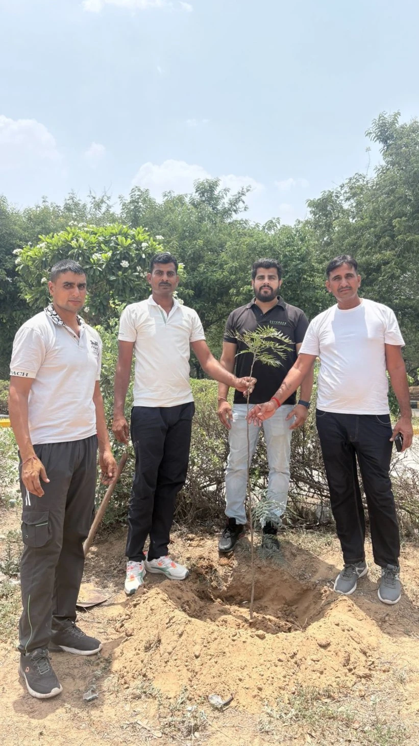 Volunteers working together planting tree saplings in muddy soil